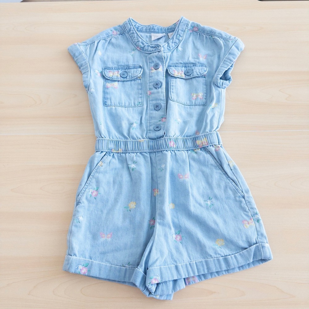 Falls Creek Girls Denim Floral Romper‎ S 6/6X Light Wash Butterfly Short Sleeve